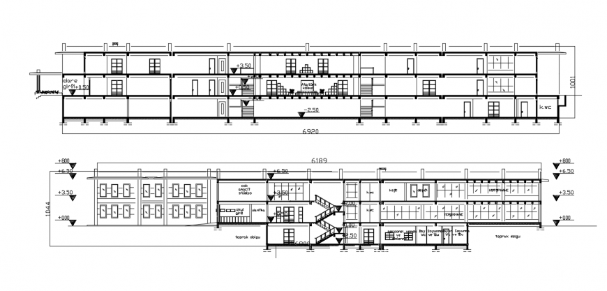 Primary three story school elevation and section drawing details dwg file