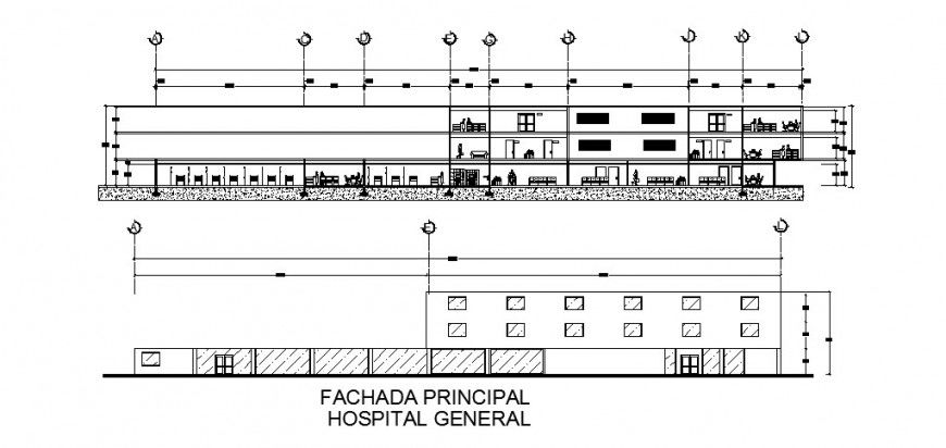 Principal façade detail of hospital drawing in dwg AutoCAD file.