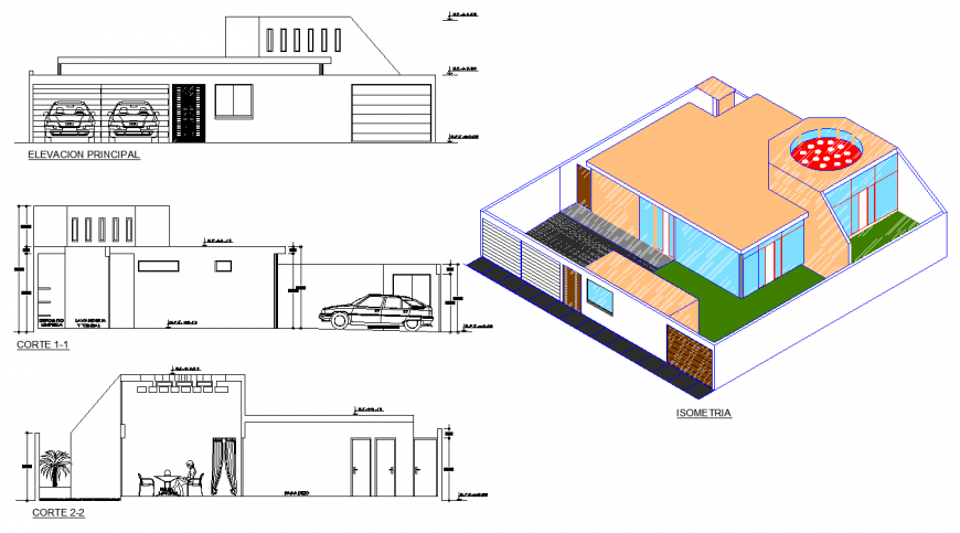 Private bungalow elevation and isometric view in dwg AutoCAD file.