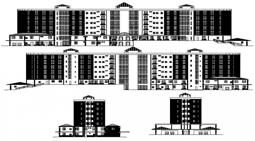 Private hospital building elevation 2d drawing autocad file