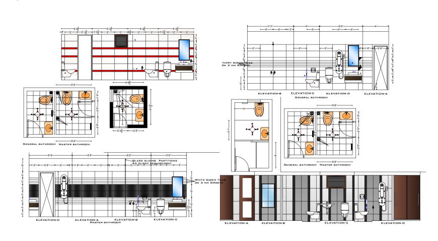 Private house toilet all sided section, plan and installation cad drawing details dwg file