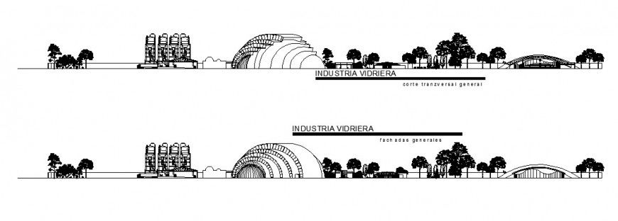 Production industry of glass containers for perfumes and derivatives elevation and sectional details dwg file