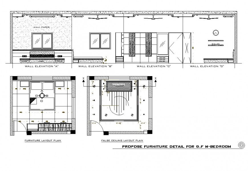 Propose furniture detail in bedroom autocad file