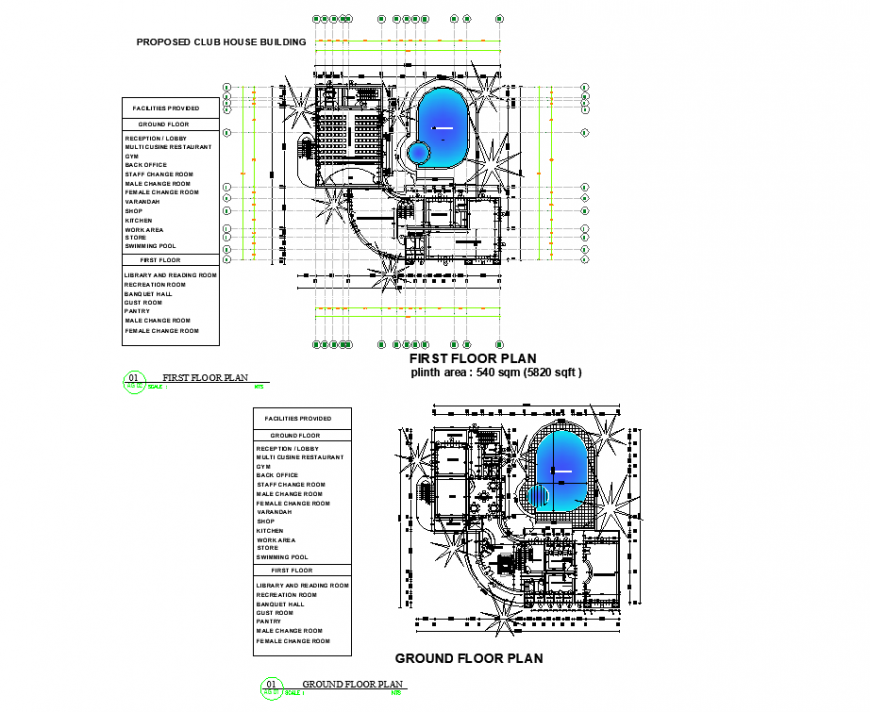 Proposed club house building plan autocad file