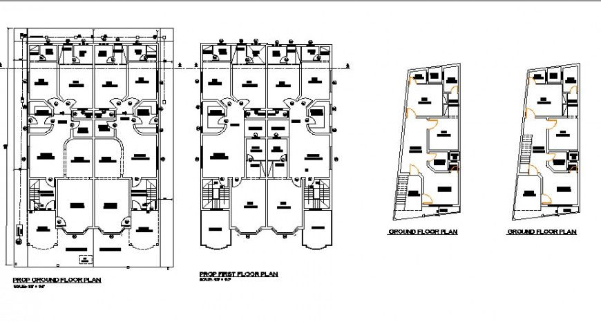 Proposed ground, and first floor plan and house plan details of residential apartment building dwg file