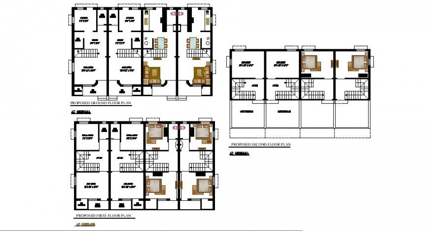 Proposed ground, first and second floor plan details of one family bungalow dwg file
