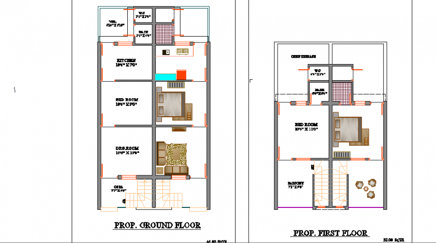 Proposed ground and first floor layout plan details of one family house dwg file