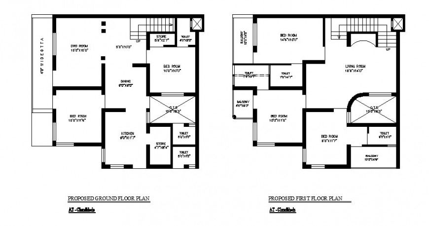 Proposed ground and first floor plan details of single family house dwg file
