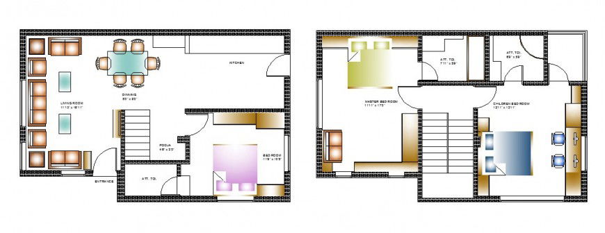 Proposed ground and first floor plan details of two-story house dwg file