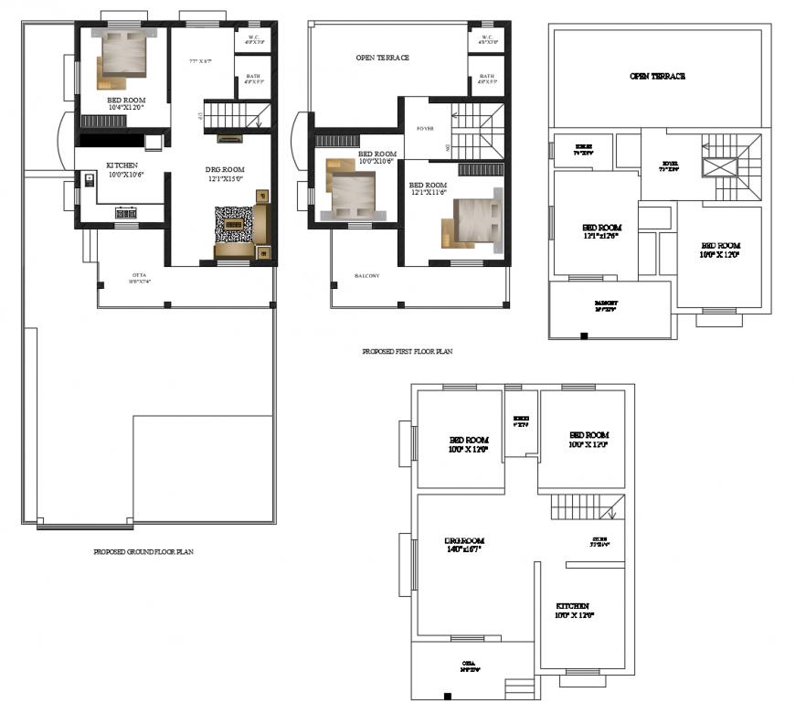 Proposed ground floor and first floor plan details of house with furniture dwg file