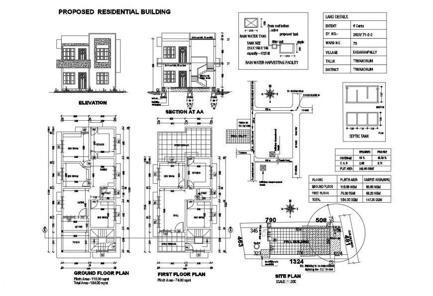Proposed residential building elevation, section, floor plan, site plan and auto-cad drawing details dwg file