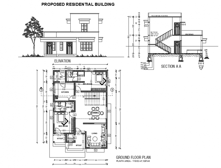 Proposed residential house mail elevation, section and plan details dwg file