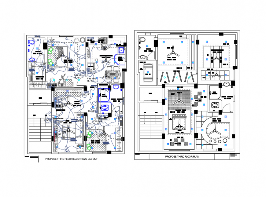 Proposed third floor plan and electrical layout plan details with false ceiling dwg file