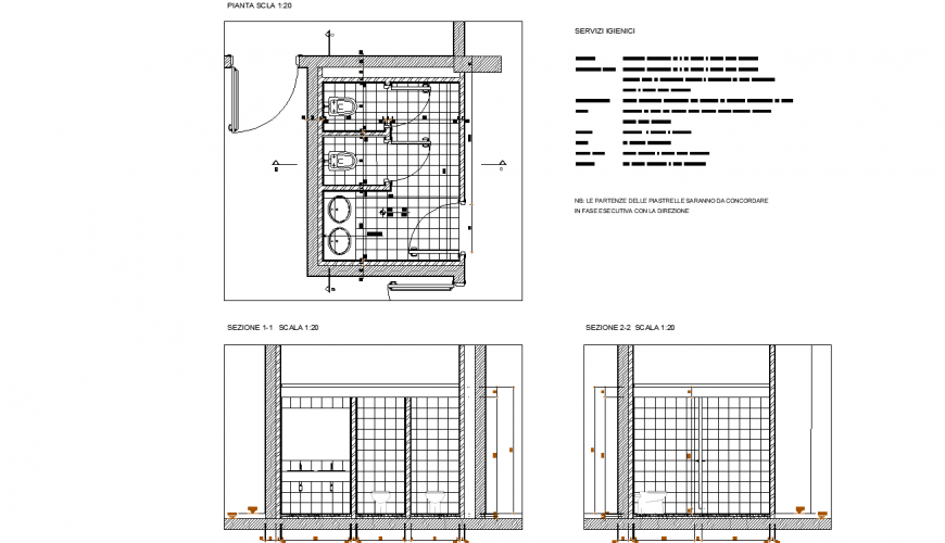 Public bathroom plan with detail dwg file.
