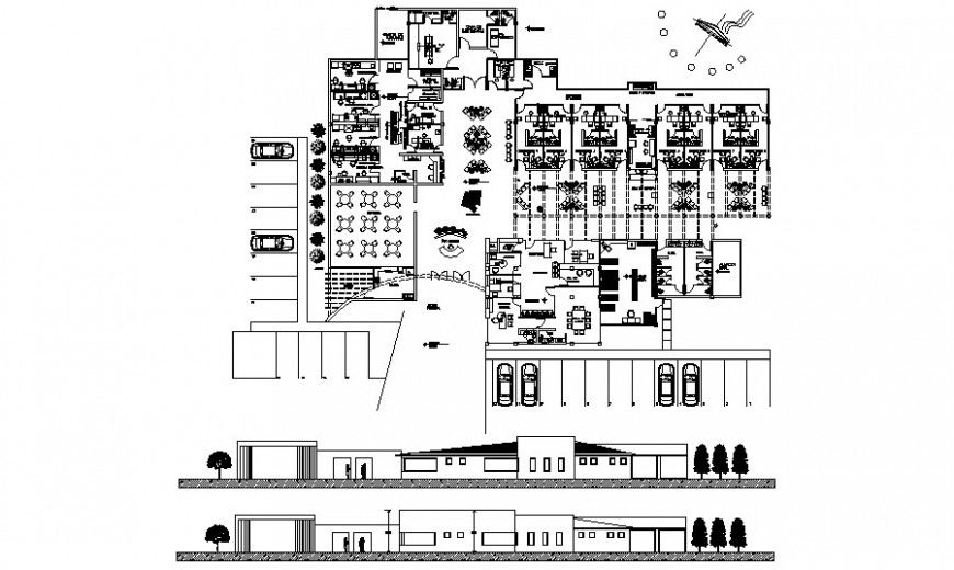 Public building work plan and elevation drawing in autocad
