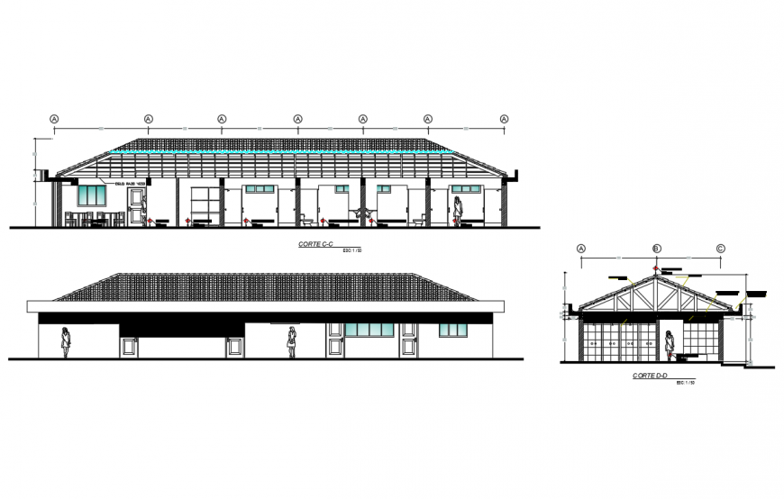 Public hygiene services main elevation and sectional details dwg file