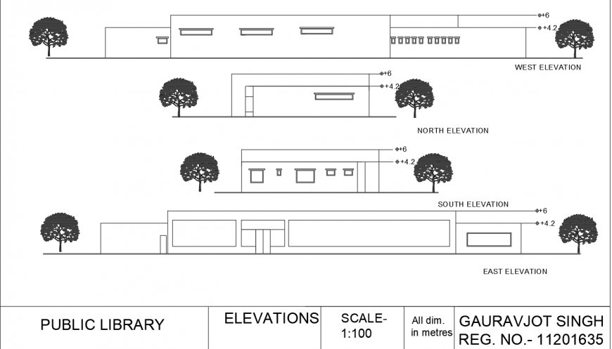 Public library elevation drawing in dwg AutoCAD file.
