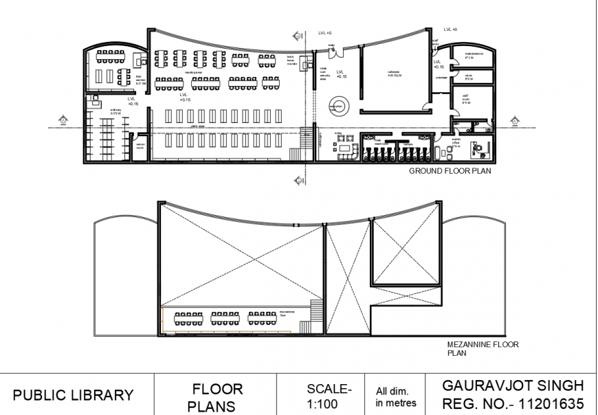 Public library floor plan drawing in dwg AutoCAD file.