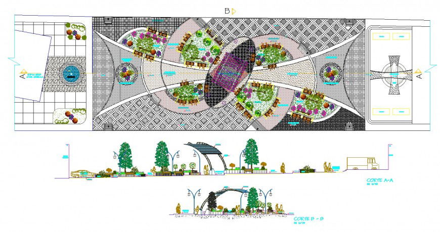 Public park detail 2d view plan and section layout file in dwg format