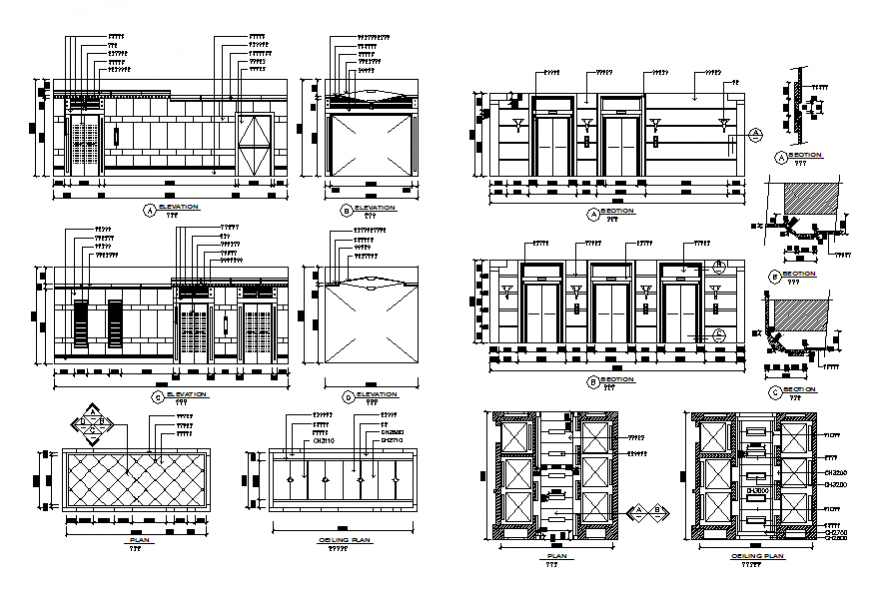 Public toilet all sided elevation, section, plan and ceiling plan details dwg file