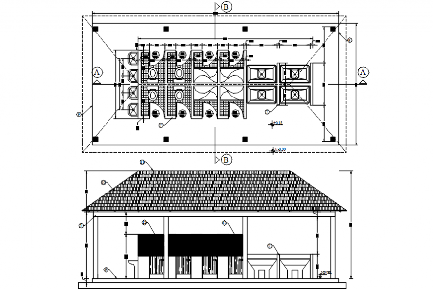 Public toilet main elevation, plan and installation details dwg file