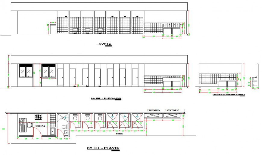 Public toilet plan, elevation and section autocad file