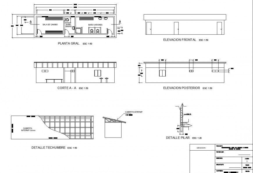 Public toilet plan drawing with roofing detail in dwg file.