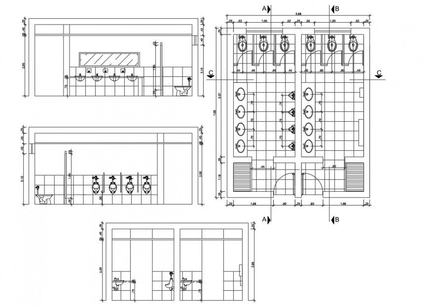 Public toilet section, plan and installation drawing details dwg file