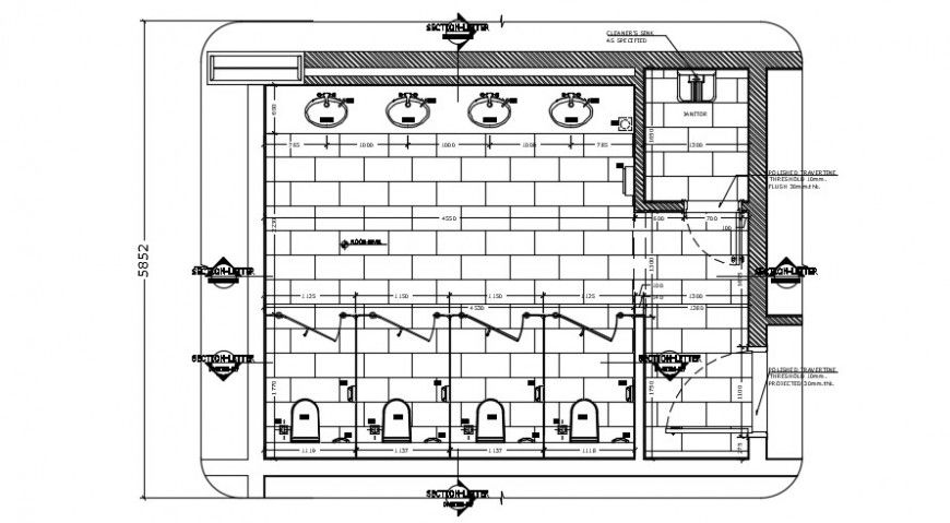 Public toilet top view plan with sanitary installation drawing detail dwg file