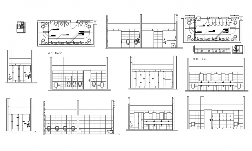 Public toilets all sided section, plan and installation drawing details dwg file