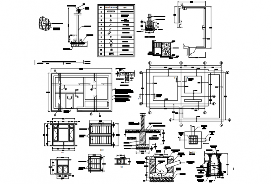 Pump house plan with its foundation and constriction detail in AutoCAD