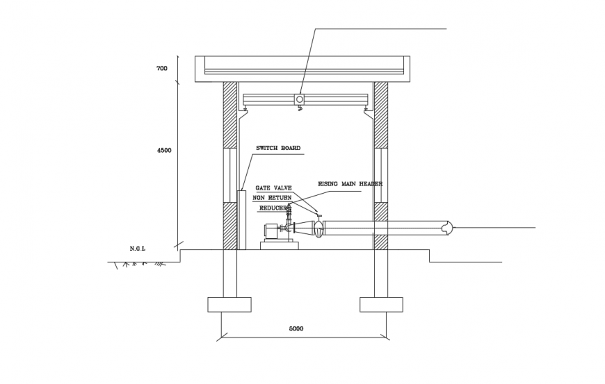 Pump house section and plumbing details dwg file