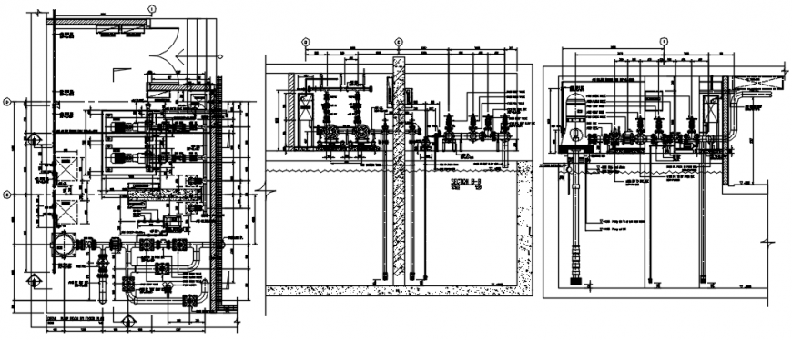Pump room layout plan and plumbing structure drawing details dwg file