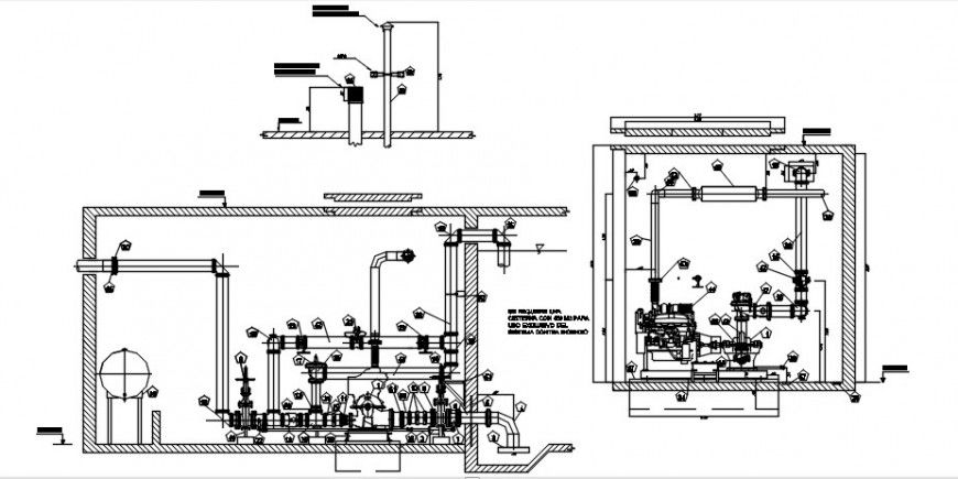 Pump room sections, plan and plumbing structure cad drawing details dwg file
