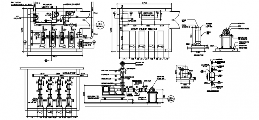 Pump room with water pipe line system in auto cad file