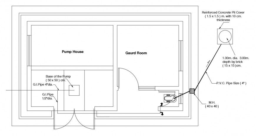 Pumphouse 2d view layout plan dwg autocad file