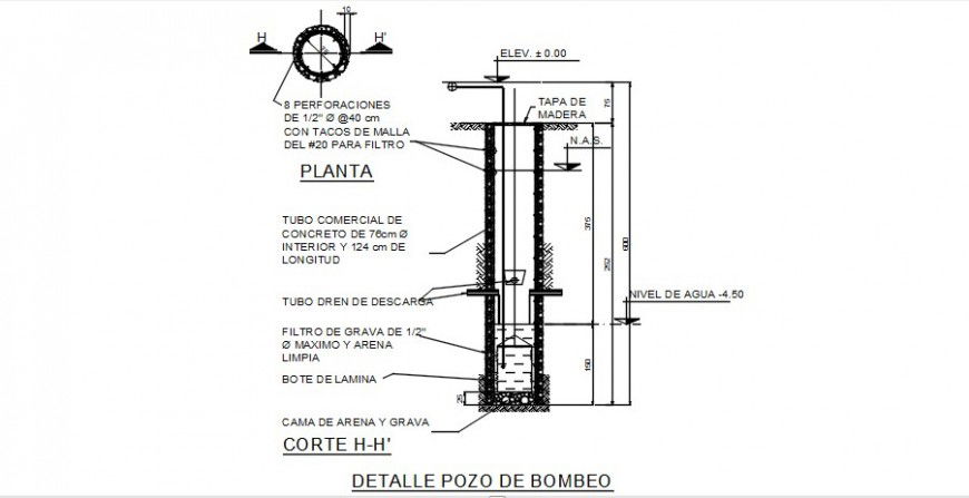 Pumping wall section, plan and plumbing construction details dwg file