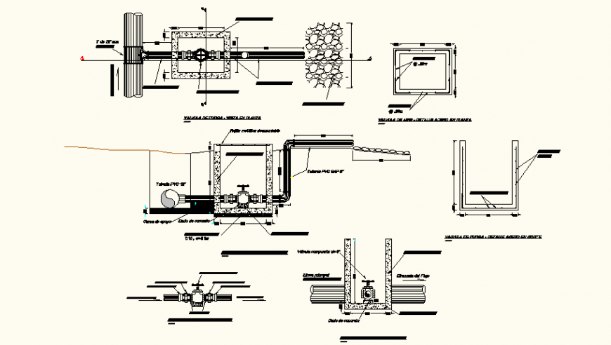 Purge valve irrigation channel detail elevation and plan autocad file
