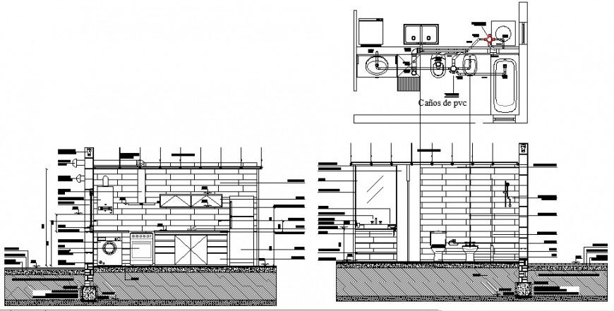 PVC pipes of water line in washing area in auto cad