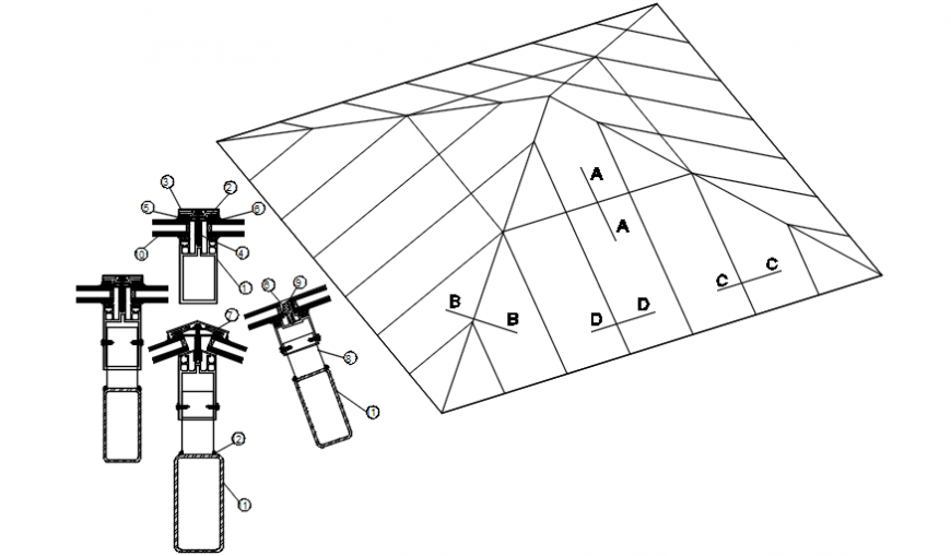 Pyramid shaped sky light section and electric installation details dwg file