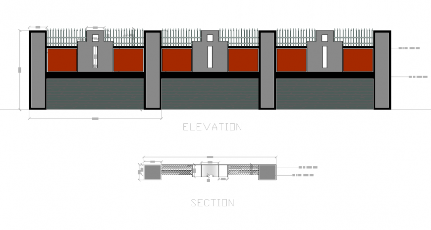 Quarter housing compound wall detail elevation and section 3d view Autocad file