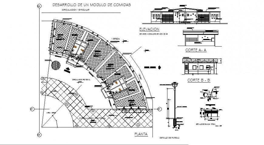 Quick meal food store elevation, section, plan and auto-cad drawing details dwg file