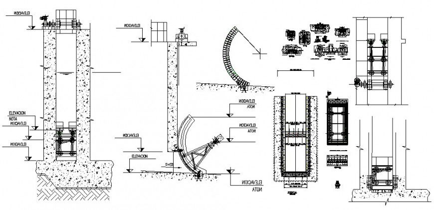 Radial gate and hoist system detail drawing in dwg AutoCAD file.