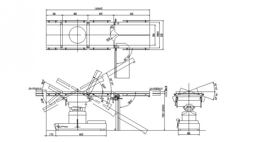 Radius bed dimension plan, elevation and section detail dwg file