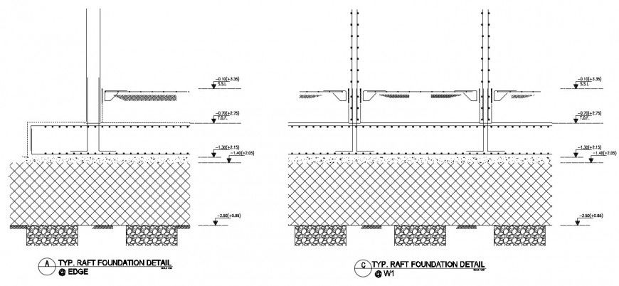 Raft foundation 2d view CAD RCC structural blocks dwg file