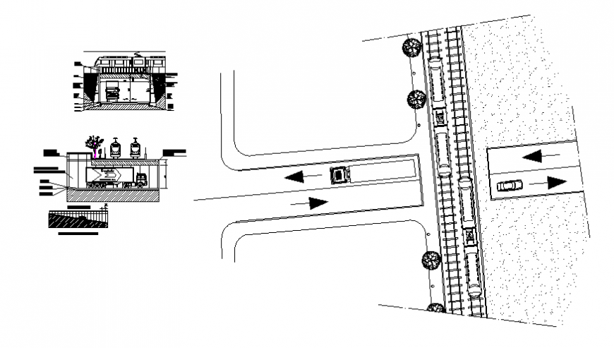Rail road crossing with highway transverse section and constructive details dwg file