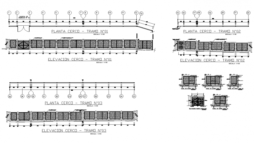 Railing structure elevation and plan 2d view layout dwg file