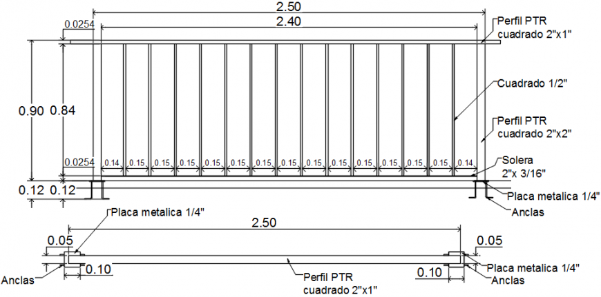 Rails and fences section and installation drawing details dwg file