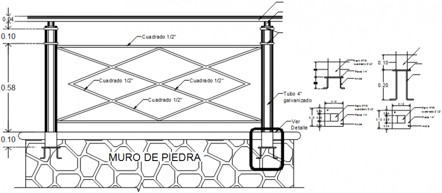 Rails and fences section and installation with support wall drawing details dwg file