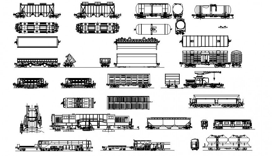 Railway engines and coaches details elevation drawing in autocad